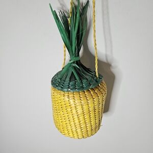 Pineapple Straw Shoulder Bag Wicker Green Yellow Attached Top Woven